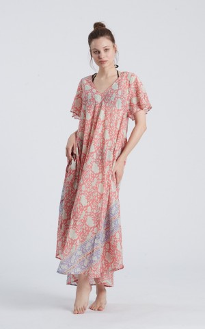 6651HP Φόρεμα HAPPY PEOPLE Κοντό Μανίκι V-NECK MAXI PINK PINES