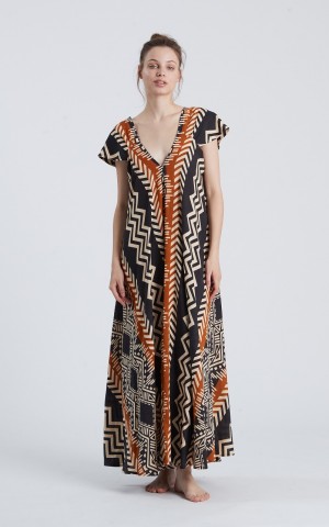 6659HP Φόρεμα HAPPY PEOPLE Κοντό Μανίκι V-NECK MAXI BEACH GRECA