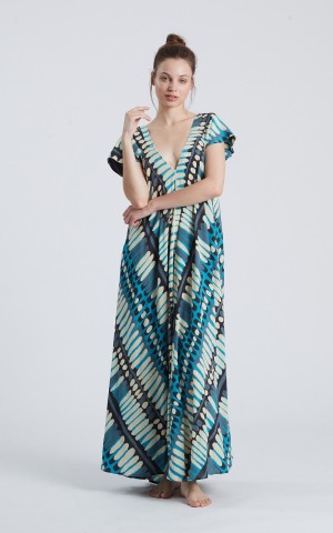 6663HP Φόρεμα HAPPY PEOPLE Κοντό Μανίκι V-NECK MAXI BEACH MAIOLICA