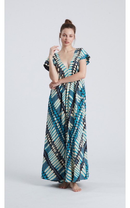 6663HP Φόρεμα HAPPY PEOPLE Κοντό Μανίκι V-NECK MAXI BEACH MAIOLICA