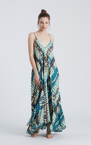 6664HP Φόρεμα HAPPY PEOPLE Λεπτό Ραντάκι V-NECK MAXI BEACH MAIOLICA