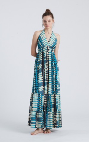 6665HP Φόρεμα HAPPY PEOPLE Λεπτό Ραντάκι V-NECK MAXI BEACH MAIOLICA